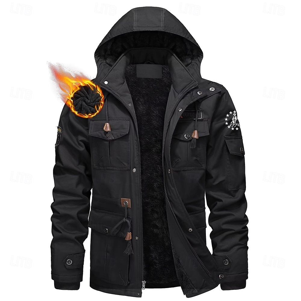 Voor heren 1776 Fleecejack Cargo-jack Windjack Thermisch Warm Casual Militair Buiten Kamperen&Wandelen Geborduurd Afneembare capuchon Capuchon Winter Opstaand Lange mouw Zwart khaki Leger Groen 2026 - $68.99 –P5