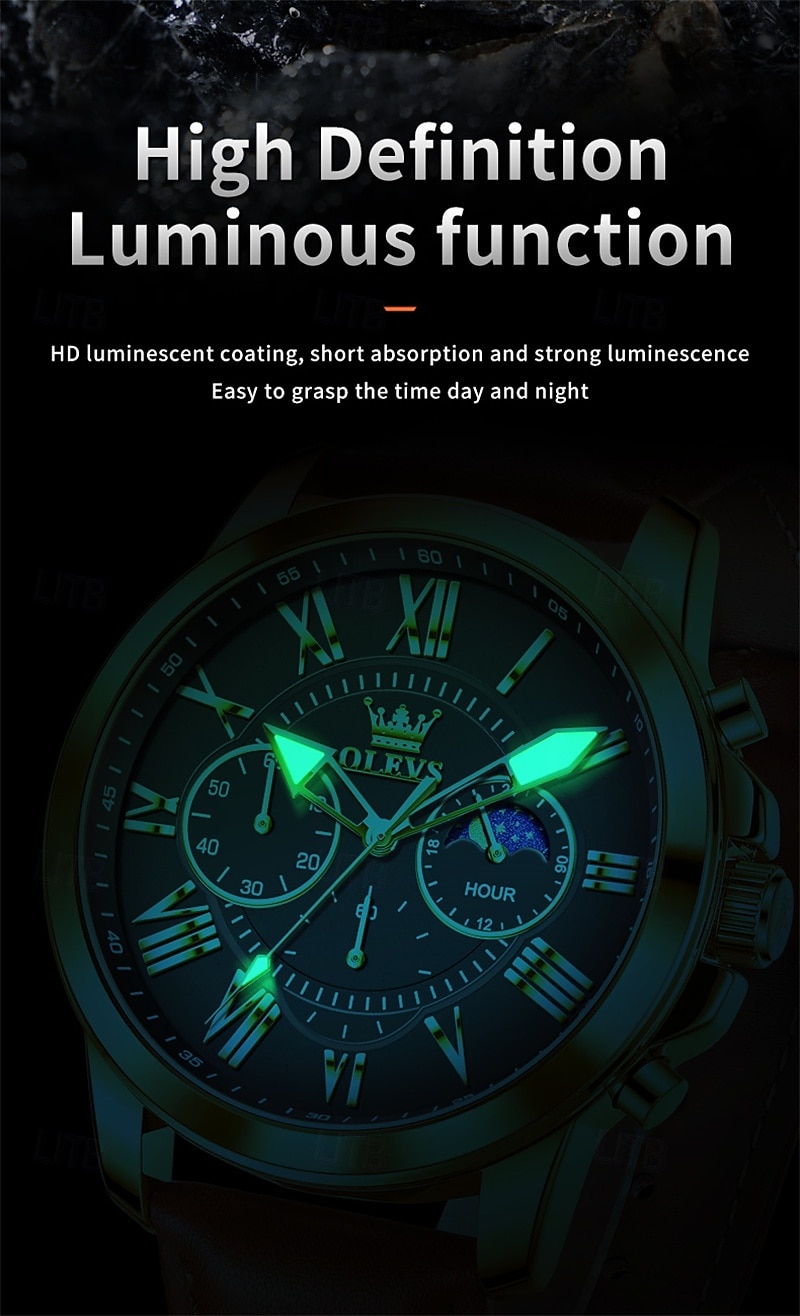 The New Olevs Brand Men'S Business Watch With Luminous Small Three Hands Moon Phase Display Multi-Functional Chronograph Three-Eye Casual Waterproof And Fashionable Quartz Watch Men'S Sports Wrist 2025 - $28.99 –P6