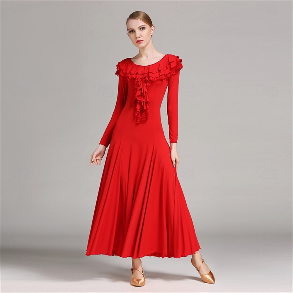 Elegant Blue Ballroom Dance Dress with Ruffled Neckline and Long Sleeves for Latin and Social Dancing 2026 - $116.99 –P9