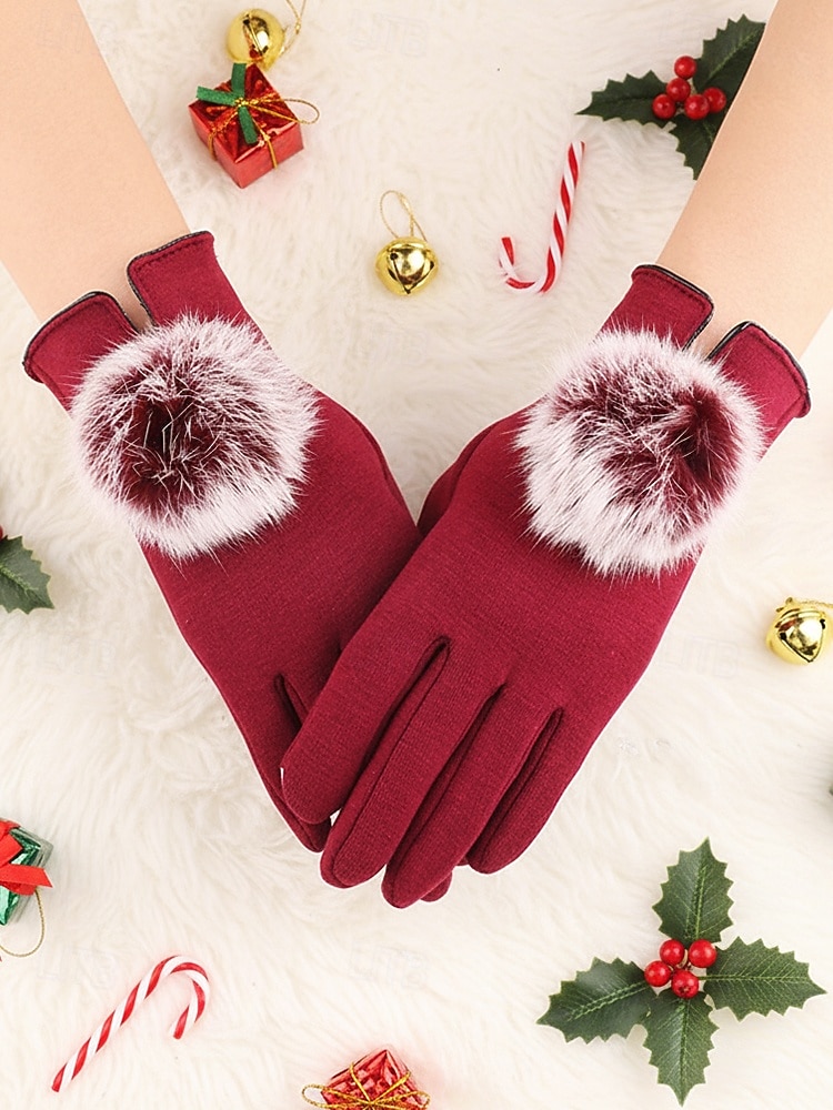 Guantes táctiles navideños para mujer con pompones de piel sintética de conejo, tejido de poliéster cálido, varios colores, perfectos para la moda de invierno y regalos navideños. 2026 - $11.99 –P4
