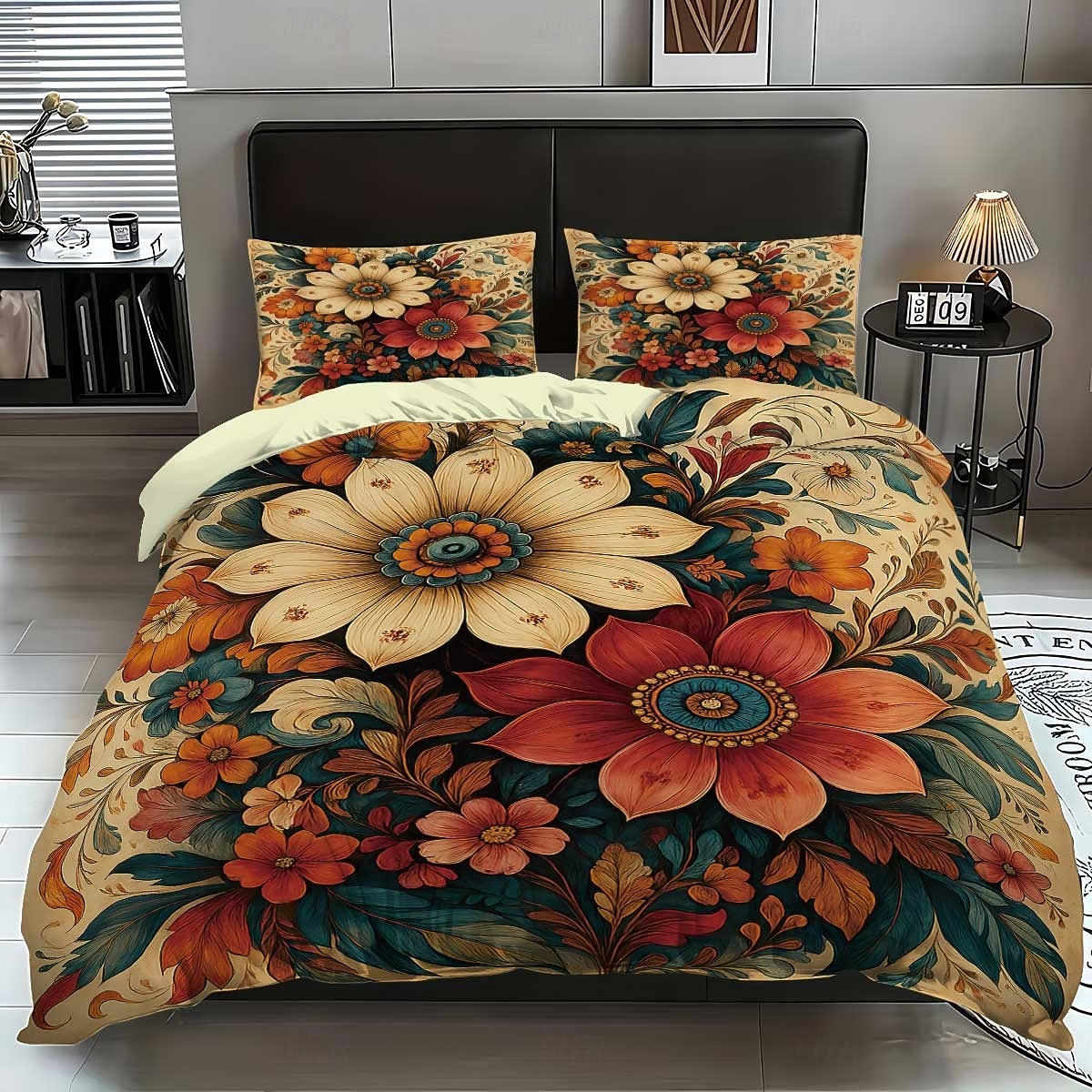 Σετ παπλωματοθήκης 3 τεμαχίων με ρετρό τρισδιάστατη εκτύπωση λουλουδιών από πούπουλα για κρεβάτι queen size, μαλακό κοντό βελούδινο κάλυμμα παπλώματος με 2 μαξιλαροθήκες - κλινοσκεπάσματα υπνοδωματίου 2026 - $37.99 –P10
