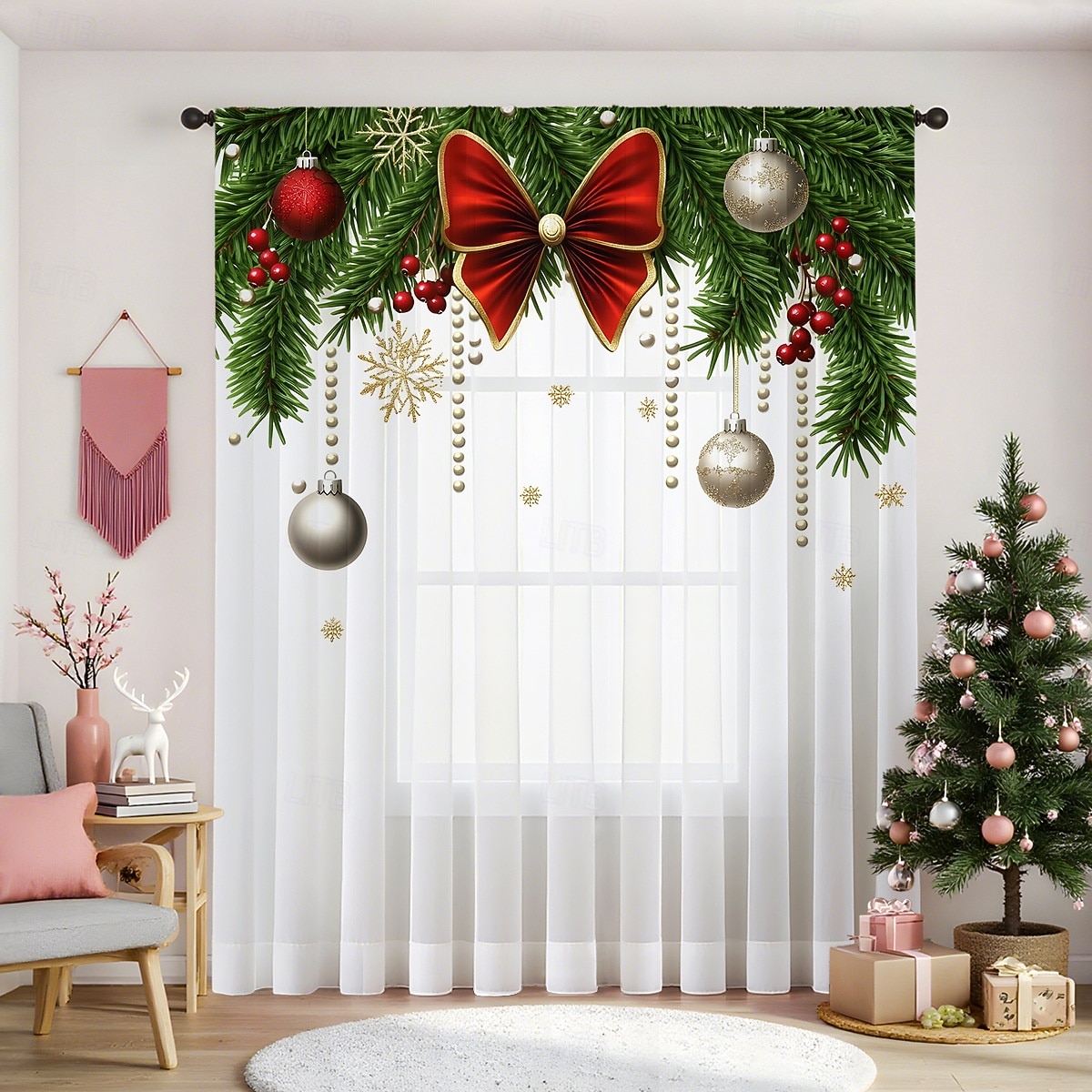 Рождественские прозрачные шторы серии 2025, 3D цифровая печать, оконные шторы для гостиной, спальни, праздничное украшение, декор для дома, элегантные праздничные шторные панели 2025 - $12.99 –P7