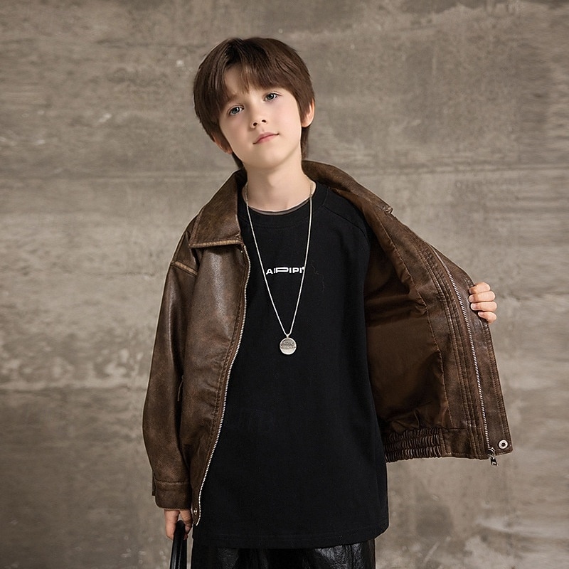 Детские Мальчики Черная кожаная куртка Жакет Верхняя одежда Полотняное плетение Длинный рукав Застегнуться ЗАЩИТА ОТ ВЛАГИ Защита от ветра Пальто Повседневные Мода На каждый день Черный Коричневый 2026 - $46.99 –P5