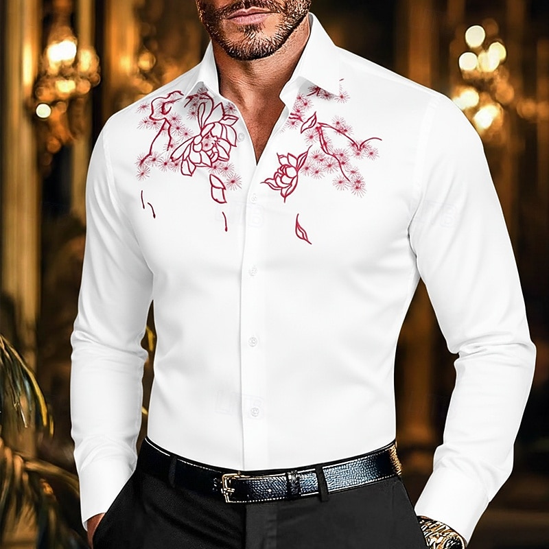 Férfi Ing Gombos póló Hímzett ing Virágos Előírásos Esküvő Fekete Fehér Hosszú ujj Hajtóka Nyár Tavasz Ruházat Hímzett 2025 - $29.99 –P1
