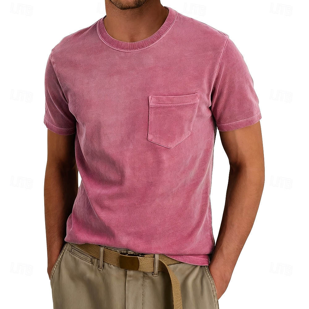 Herr T-shirt Tvätta skjorta i 100 % bomull Kortärmad Rund hals Sommar Vår Alla årstider Ensfärgat Elegant Vintage Neutral Ficka Crewneck Urblekt Ledigt Hem Utomhus Ljusblå Aprikos Svart Topp t-shirt 2026 - $20.99 –P9