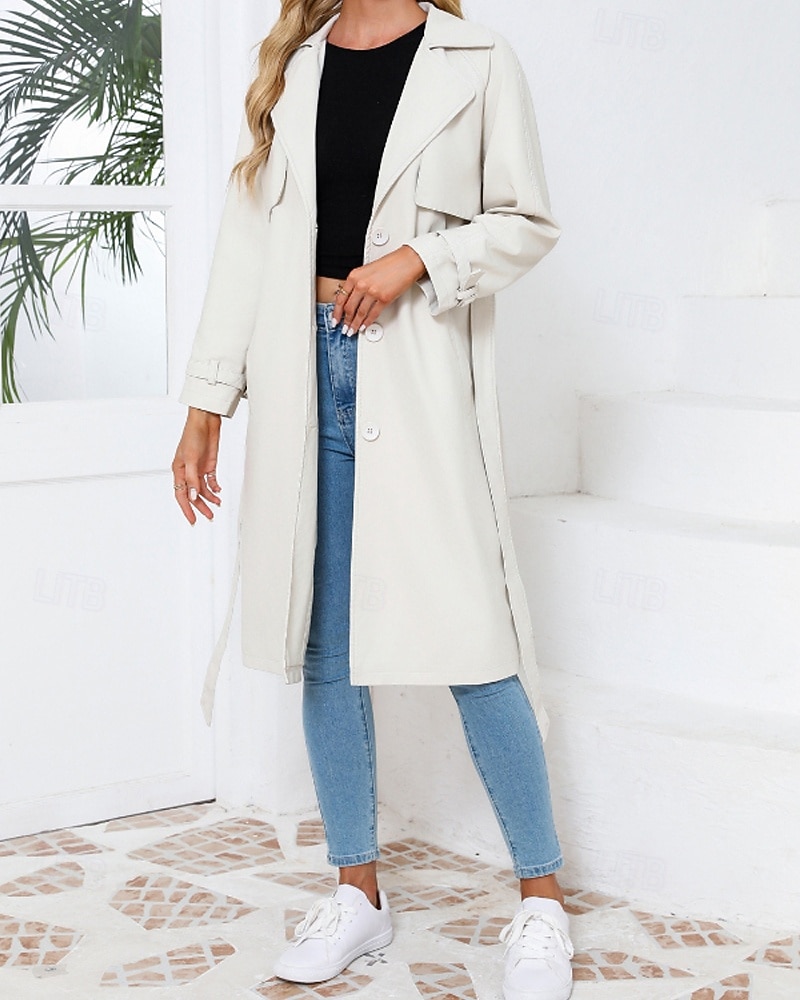 Dam Imitationsläderjacka Trenchcoat Bekväm Ficka Knappar Ledigt Slät Semester Dagliga kläder Utekväll Helgen Lång Nedvikt Normal Långärmad Ytterkläder Marin Svart Kamel Vår Höst 2025 - $68.99 –P3