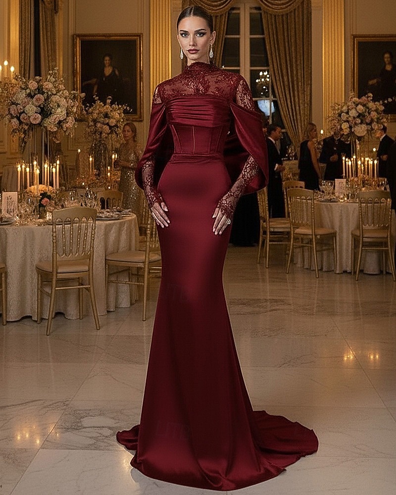 chinese dress ladies Dark Red Lace Off-The-Shoulder Trumpet Prom Dress main image 0