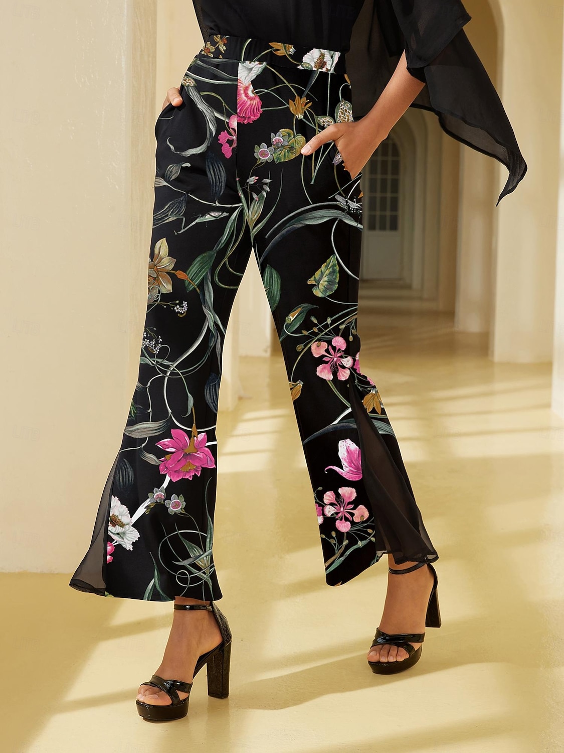 damebukser stretchstoff blomstertrykk chiffong gjennomsiktige paneler utsvingte ben elastisk midje elegant komfortabel daglig arbeid høst 2026 - $67.99 –P1