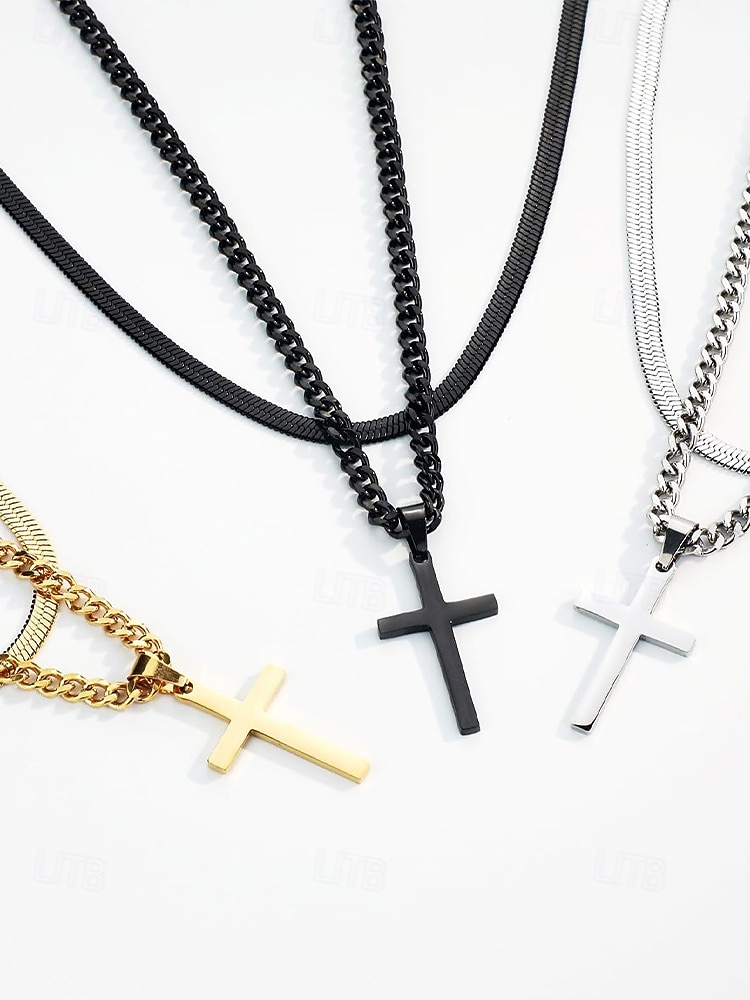 Męski naszyjnik z krzyżem ze stali nierdzewnej, trwała biżuteria łańcuszkowa, stylowy prezent chrześcijański na Boże Narodzenie, imprezę i do noszenia na co dzień 2026 - $11.99 –P5