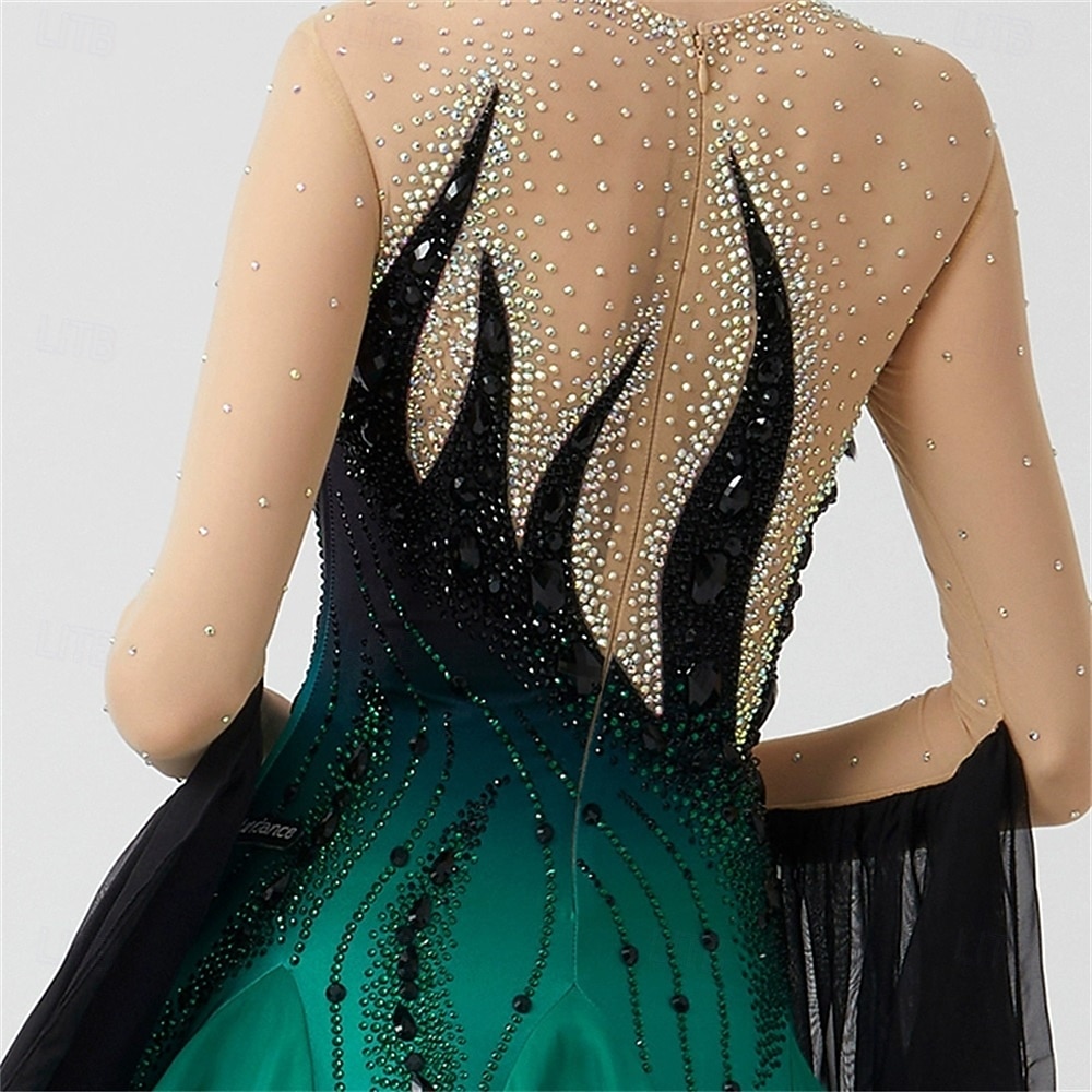 Damen-Ballsaal-Tanzkleid mit Federschultern, Strass-Farbverlauf, Walzer-Tango-Wettbewerbskleid mit fließenden Chiffonärmeln – Grün-Schwarz 2026 - $553.49 –P5