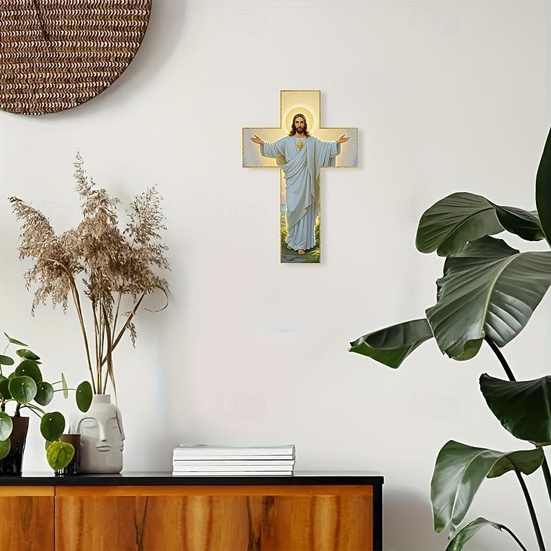 Drewniany krzyż ścienny z wizerunkiem Jezusa Chrystusa w złotej aureoli, 20x30 cm/8x12 cali, religijny, domowy, kościelny, salon, biuro, dekoracja ścienna, ozdoba wielkanocna, prezent świąteczny, 2026 - $9.99 –P7