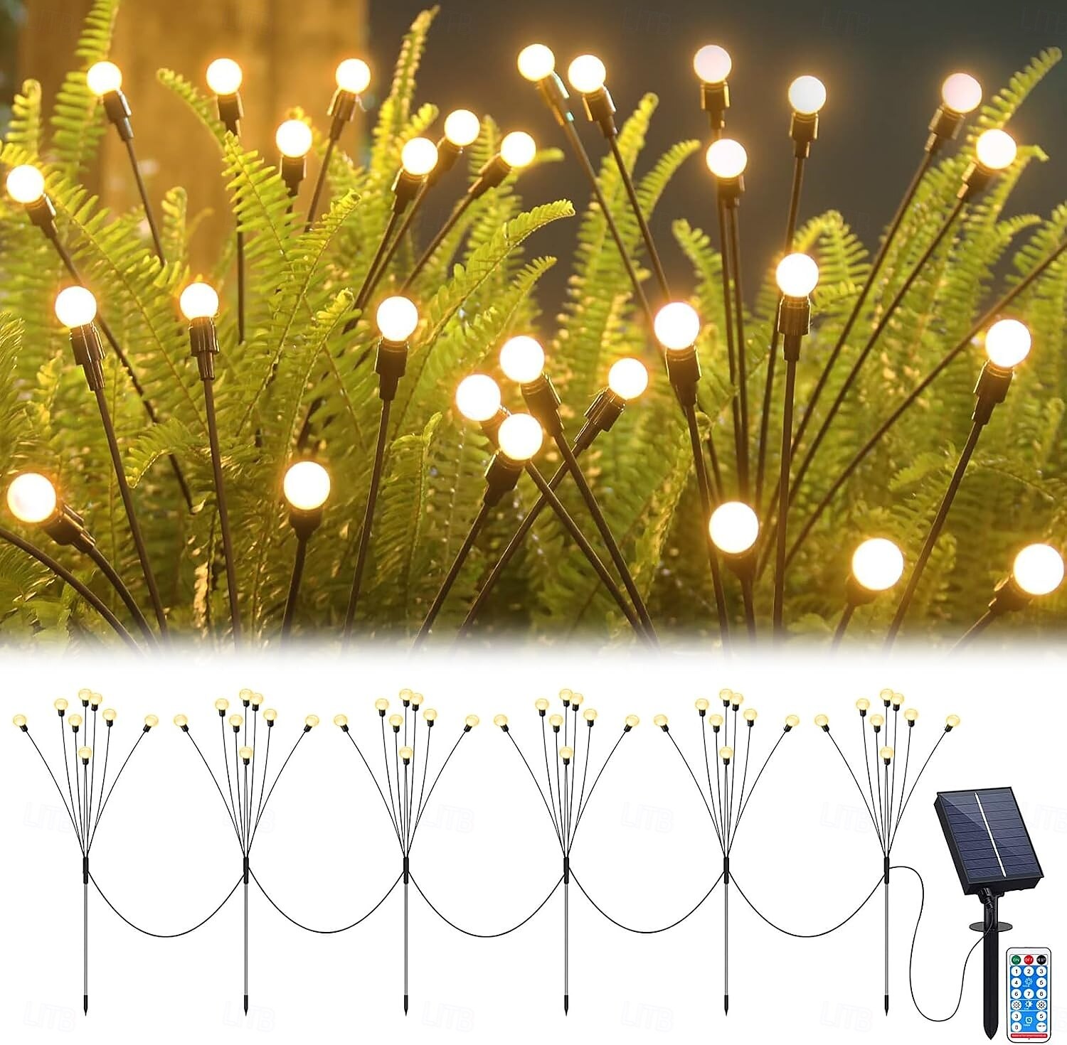 6 i 1 Utendørs Solcelle Vanntett Fyrverkeri Bakke Plugg Inn Lys 48LED Stråler Gårdsplass Hage Gressbane Park Atmosfære Dekorasjon Lys Landskapslys 8 Funksjon Fjernkontroll 2026 - $40.99 –P1