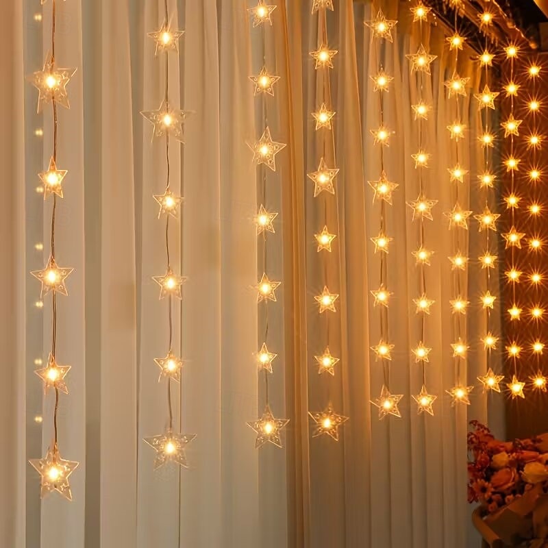 Новые светодиодные занавесные звёздные гирлянды работающие от USB с дистанционным управлением для праздничных гирлянд на террасе на заднем дворе для вечеринки многоцветное освещение 2026 - MXN $997.55 –P3