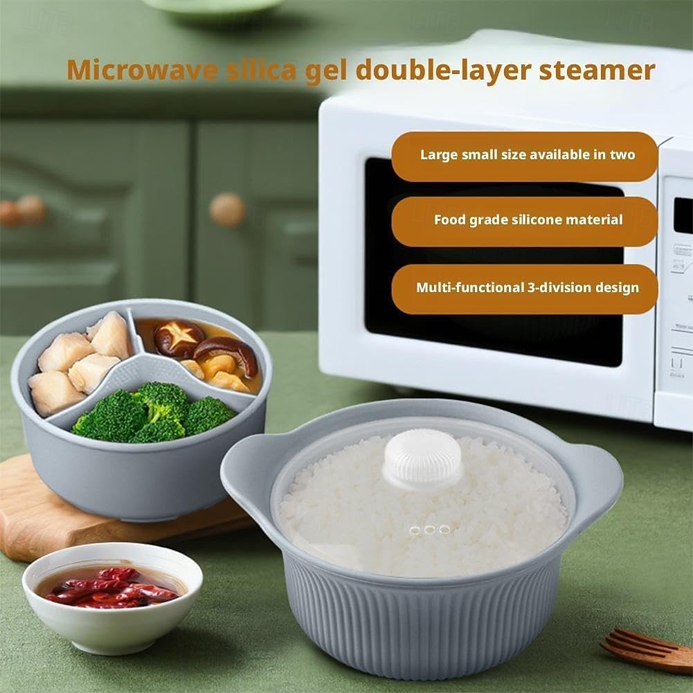 סיר אידוי סיליקון למיקרוגל 42oz, 3 תאים, סיר אידוי סיליקון 4 ב-1 עם ידית ומכסה לירקות, דגים, הכנת ארוחות, מזון לתינוקות, תנור &בטוח למדיח כלים, קל לניקוי 2026 - $15.99 –P4