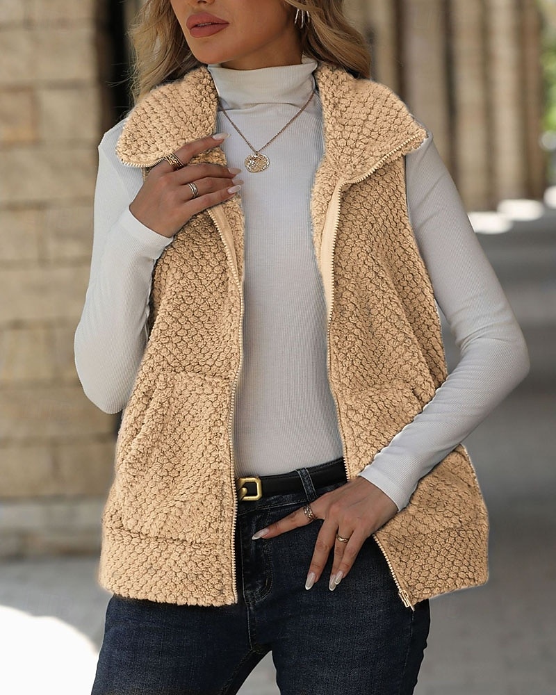 Women's Winter Coat Fleece Vest Vest Warm Comfortable Patchwork Zipper Pocket Fashion Casual Solid Color Vacation Street Casual Daily Wear Regular Turndown Regular Fit Sleeveless Outerwear Khaki Dark 2026 - $33.99 –P3