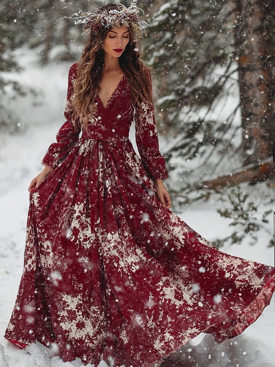 Dame Snøfnugg Maxi Kjole Plisserte Kjole Fest Casual Boho Daglig Date Gå Ut Vanlig Passform Grafisk Langermet V-Hals Vinhvit Grønn Høst Vinter 2026 - $41.99 –P1