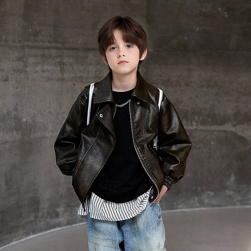 Kid's Boys' Black Leather Jacket Jacket Outerwear Plain Long Sleeve Zip Up Waterproof Windproof Coat Daily Fashion Casual Black Green Spring Fall 4-12 Years 2026 - $46.99 –P1