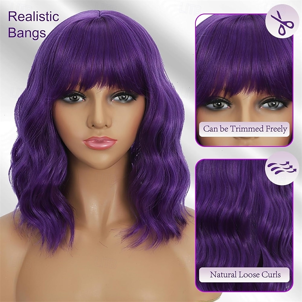 Dark Purple Wigs with Bangs for Women 14 Inch Short Wavy Bob Wigs Synthetic Bob Wig Curly Wig Heat Resistant Colorful Wavy Wig Cosplay Wigs For Daily Party 2026 - $21.99 –P4