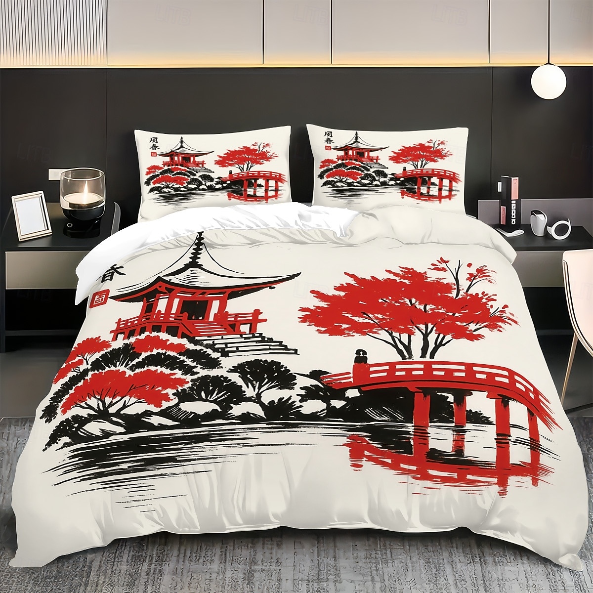 Conjunto de capa de edredom de 3 peças com pintura a tinta estilo chinês para cama queen size, capa de edredom macia com 2 fronhas – hotel &roupa de cama para quarto de hóspedes, aconchegante de 2026 por $37.99 –P7