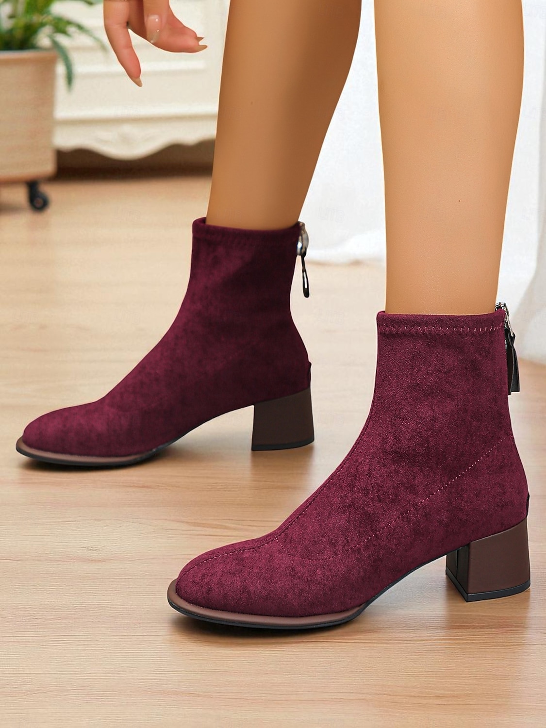 Женские замшевые ботильоны бордового цвета с блочным каблуком — зимняя обувь в стиле ретро для женщин, повседневных и полуофициальных образов. 2025 - $34.99 –P4