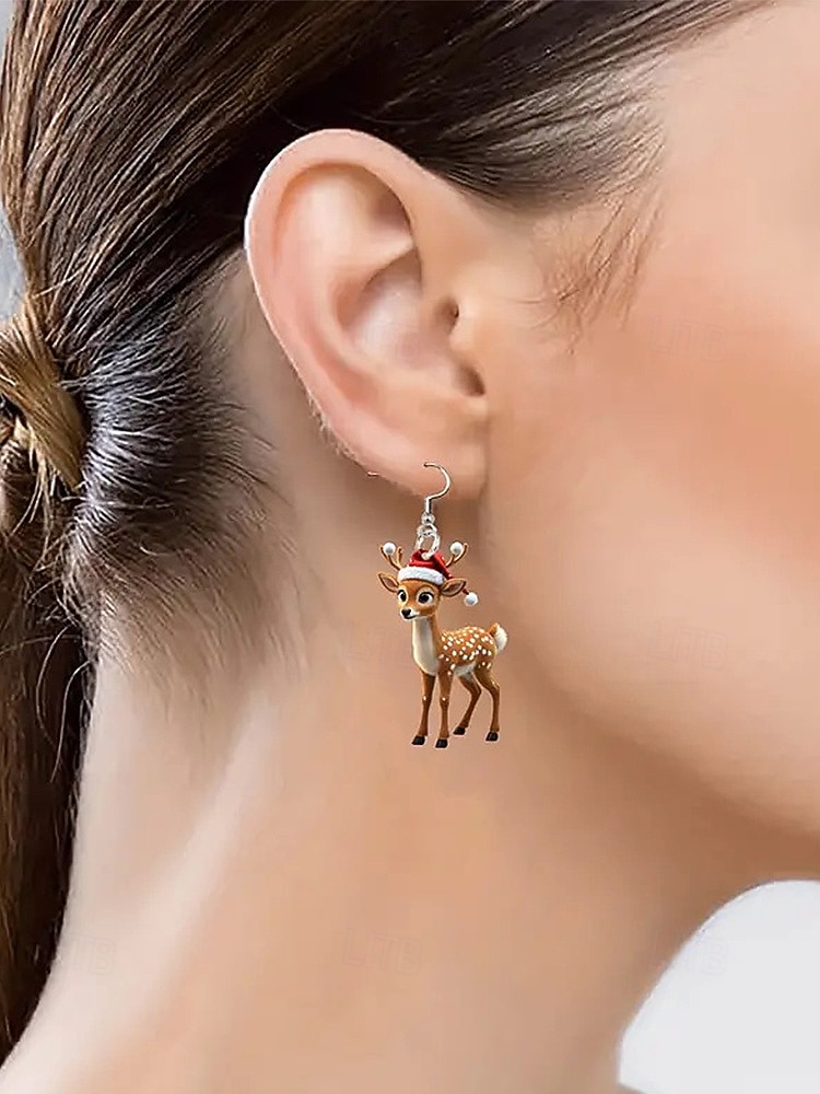 Dámské vánoční dárkové akrylové náušnice se sobami, roztomilý sváteční design se santovou čepicí, zábavný sváteční doplněk na večírky a setkání. 2026 - $5.99 –P2