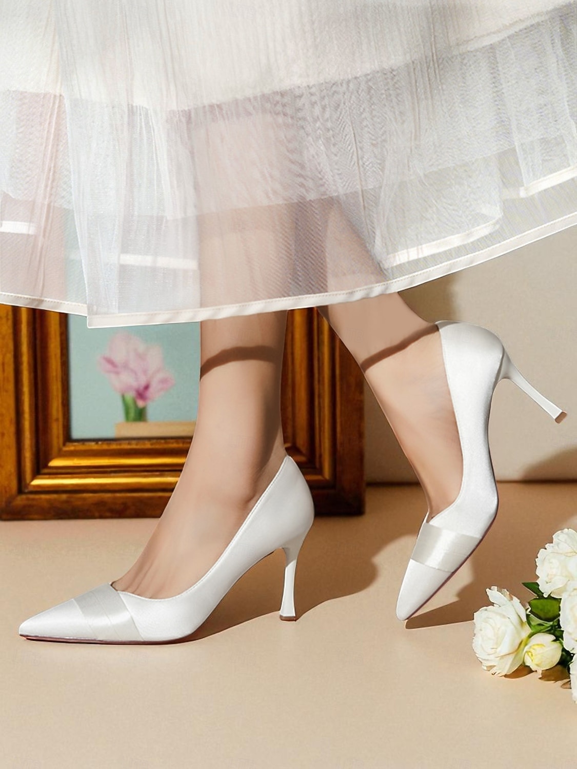 Женские туфли-лодочки из атласа цвета шампанского на высоком каблуке — туфли с острым носком и отделкой из ленты для свадеб &коктейльные вечеринки 2026 - $46.99 –P4