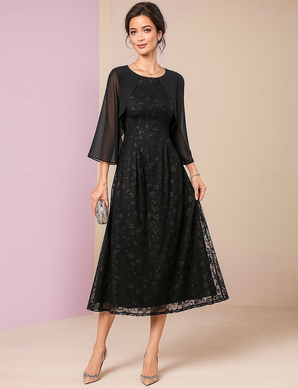 Vestido de fiesta A-line hasta el tobillo vestido de cóctel vestido de invitada de boda vestido de madre de la novia manga 3/4 escote redondo elegante formal encaje con encaje 2026 - $103.99 –P5