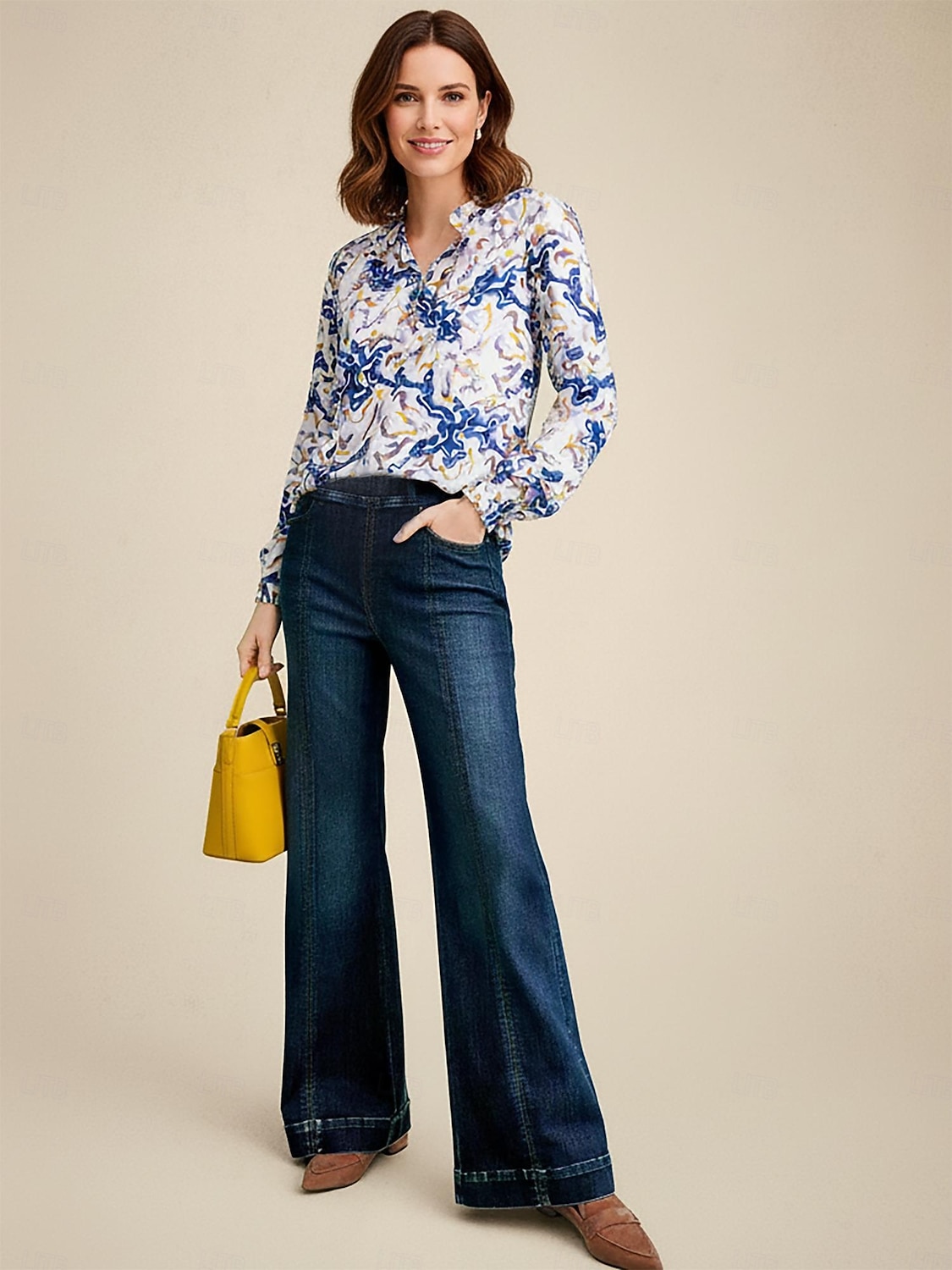 Damen-Jeanshose mit weitem Bein, Stretch-Gummibund vorne, schlankmachender Einsatz, lässig, Urlaub, Alltag, Frühling, Sommer, Herbst 2026 - $113.99 –P3