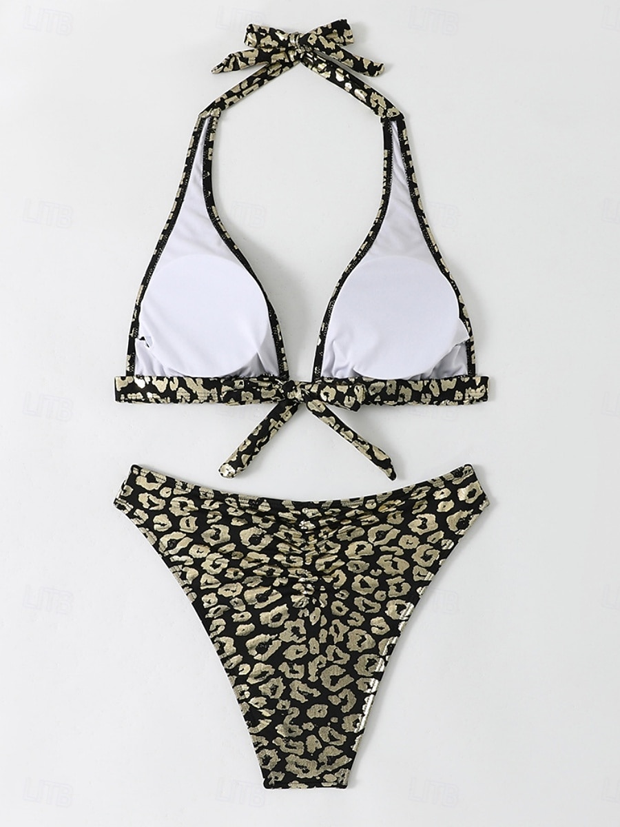 Kostium kąpielowy bikini damski 2-częściowy z leopardem seksowny slim bez pleców wakacyjny strój plażowy dekolt halter bez rękawów 2026 - $22.99 –P3