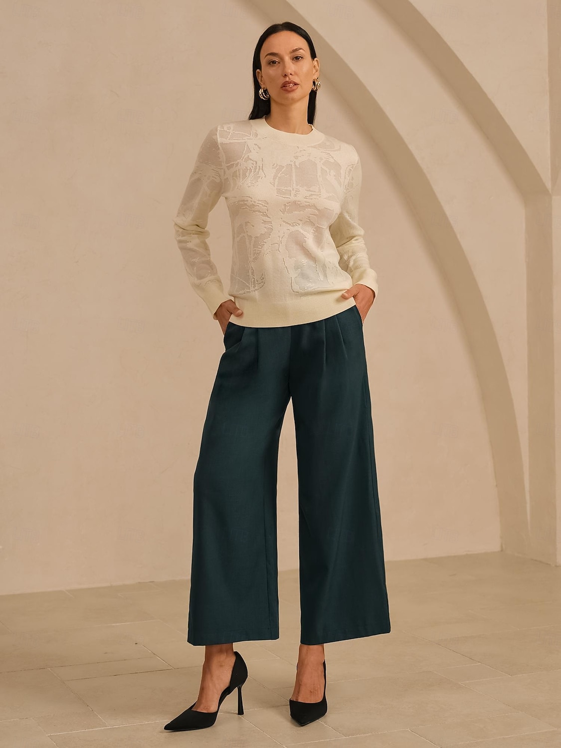 maglione girocollo in organza di lana lavorato a maglia floreale casual da vacanza del 2026 a $91.99 –P2