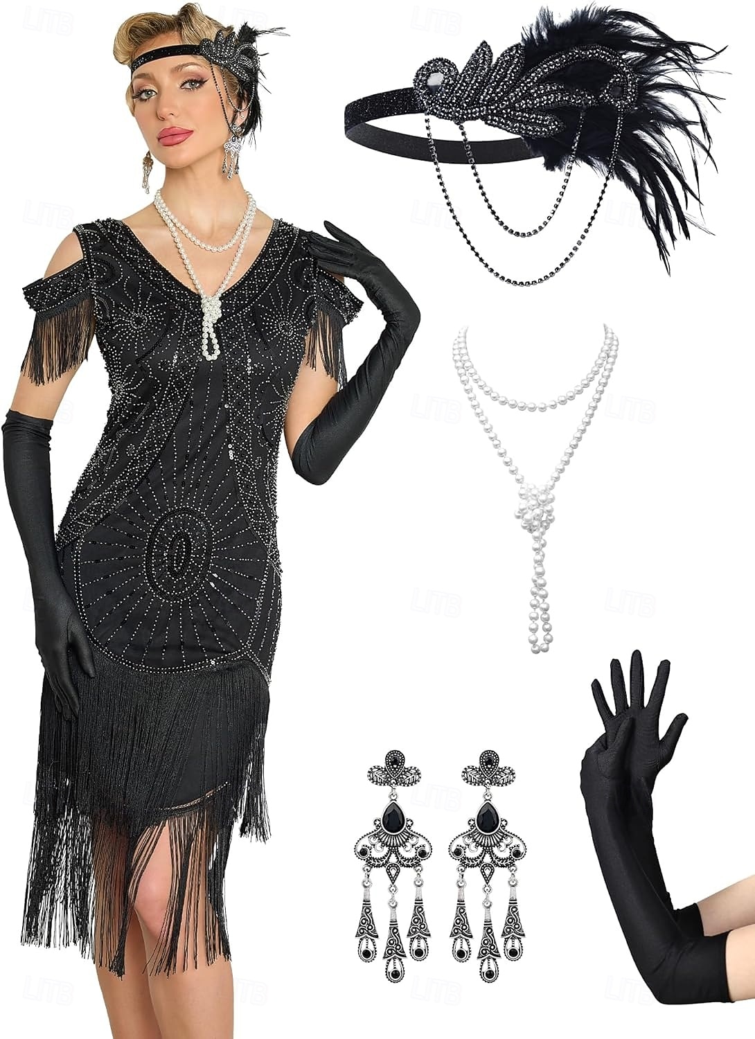 Conjunto Rugido 20s 1920s Hasta la Rodilla Vestidos Vestido Flapper Accesorios con accesorios Hombro frío Mangas cortas El gran Gatsby charlestón Lentejuelas Borlas Pluma Escote en Pico Disfraz Mujer 2026 - $89.99 –P2