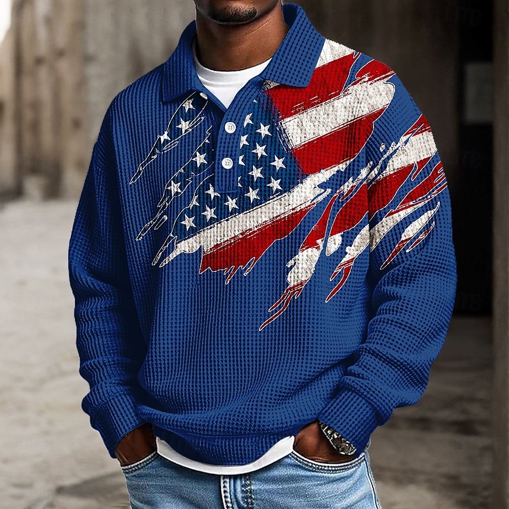 4 juli 2026 250e Voor heren Amerikaanse Amerikaanse vlag Polo Met Textuur Lange mouw Poloshirt Revers Casual Sportkleding Alledaagse kleding 3D-afdrukken Lente Herfst Winter blauw Wit Rood 2026 - $28.99 –P2