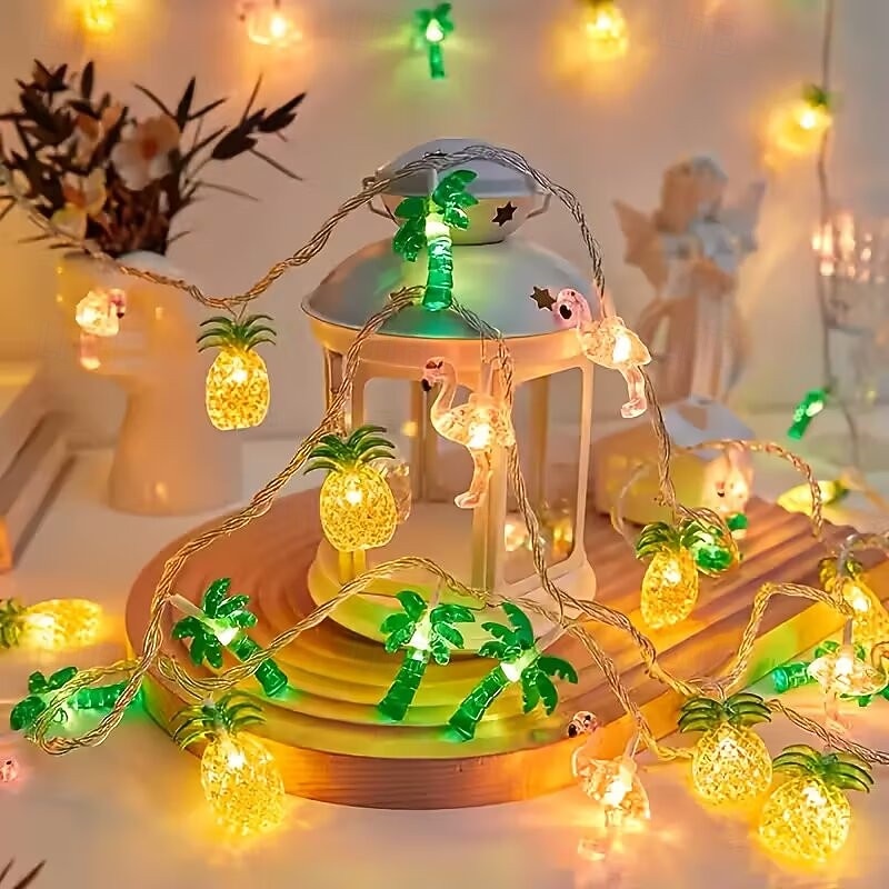Șnur luminos tropical cu LED-uri, modele de ananas, flamingo, palmieri, luminițe de zână alimentate de baterii AA pentru decorul camerei, iluminat festiv multicolor, iluminat ambiental tematic ideal, 2026 - $17.99 –P3