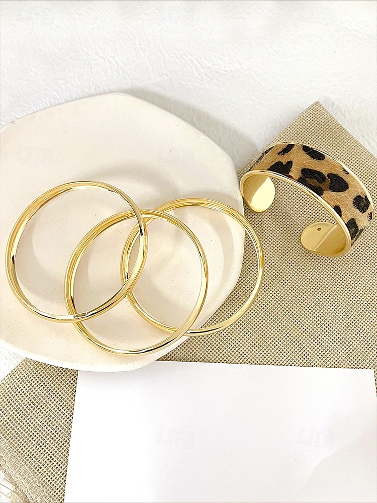 Dames manchetarmbanden met luipaardprint in goudkleurige legering – set van 4, stijlvol dierenprintontwerp, perfect voor casual en avondkleding 2026 - $11.99 –P9