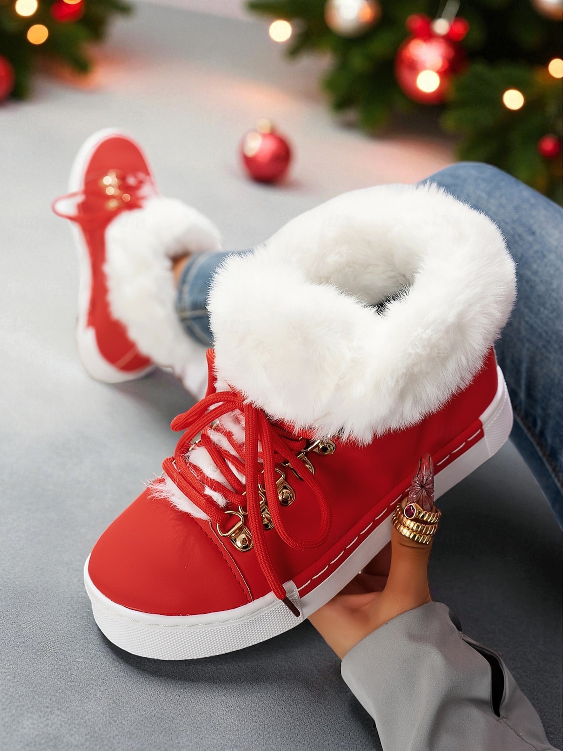 женские красные кеды из искусственного меха — тёплая зимняя обувь на шнуровке с мягкой подкладкой, повседневная рождественская обувь для отдыха на природе и уличного стиля 2026 - $42.99 –P4