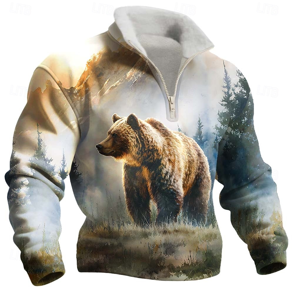 Herren Tiermotiv Bär Adler Fleece Pullover Mode Lässig 3D Stehkragen Viertelreißverschluss Outdoor Urlaub Geschenk Streetwear Blau Schwarz Grau Halber Reißverschluss Herbst Winter Designer S M L XL 2026 - $41.99 –P2