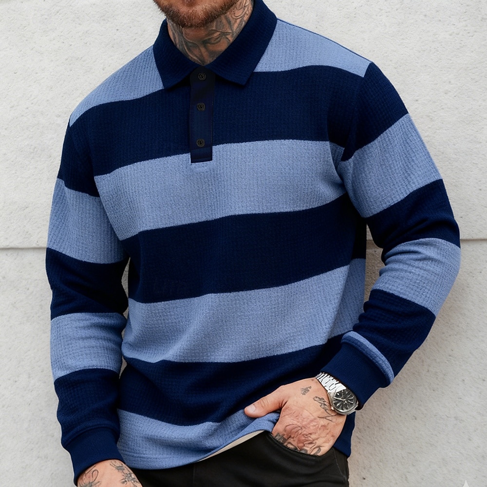 Herre Horisontale strips Vaffel poloskjorter Rugby Polo Rugby poloskjorter Langermet Poloskjorter Knaphul Sportsklær Fritid Skole treningsklær Dagligdagstøy 3D-utskrift Vår Høst Vinter Blå Himmelbl 2026 - $28.99 –P3