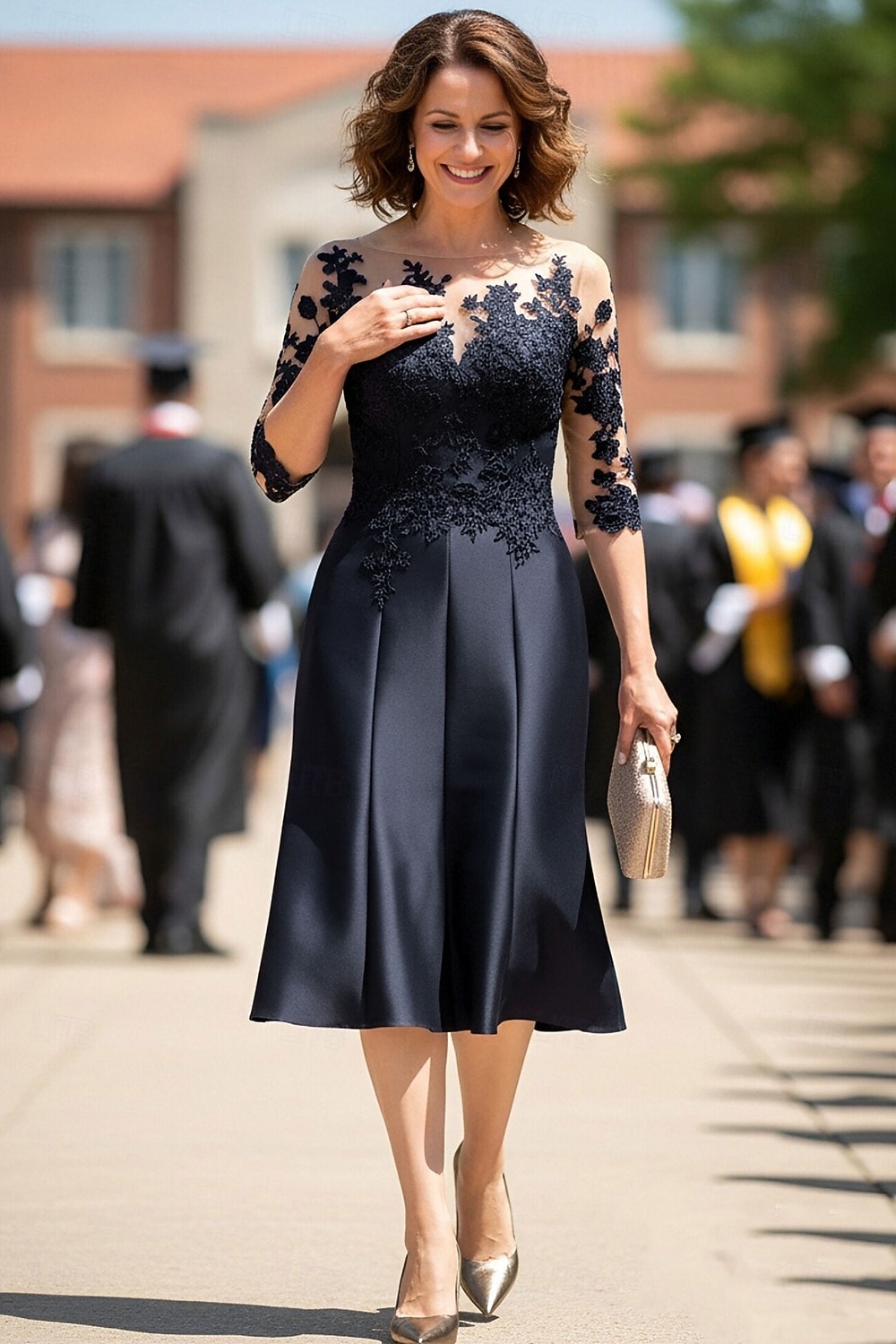 A-Line Knee Length Party Dress Cocktail Dress Wedding Guest Dress Mother of  the Bride Dress 3/4 Length Sleeve Bateau Neck Vintage See Through Wedding  Guest Satin Lace with Buttons Appliques 2026 - $172.99