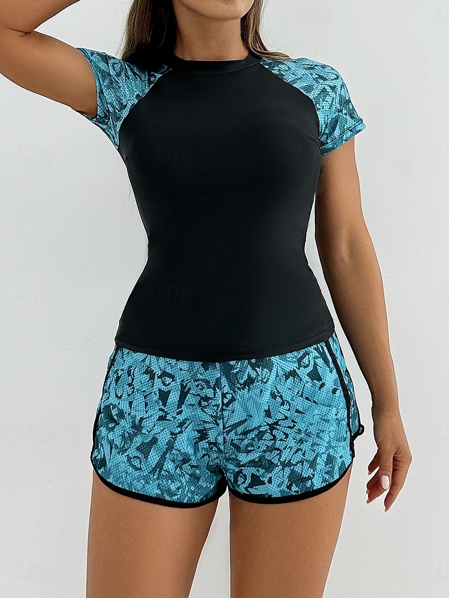 Costume da bagno tankini da donna 2 pezzi pantaloni corti palmo controllo pancia vita alta slinguato senza schiena vacanza in spiaggia scollatura rotonda floreale con maniche corte del 2026 a $36.99 –P9