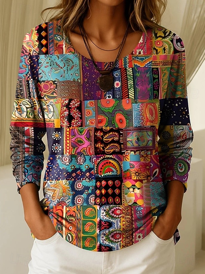 Damen T Shirt Druck Grafik Geometrisch Pflanzen Vintage Stilvoll Lässig Langarm Rundhalsausschnitt Normale Oberteile Täglich Wochenende Blau Schwarz Wein Purpur Frühling Herbst Winter 2026 - $24.99 –P1