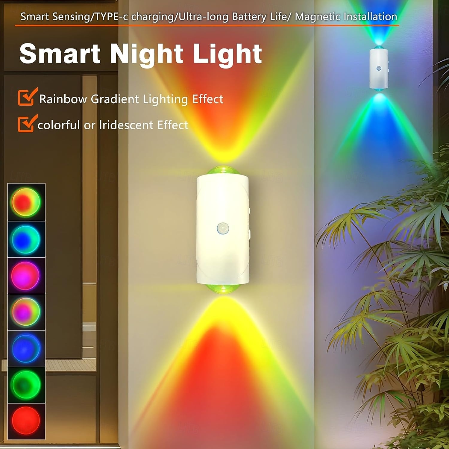 Draadloze LED-wandlamp met 7 kleuren, bewegingssensor voor binnen, wandlampen met oplaadbare batterij van 1500 mAh voor slaapkamer, nachtkastje, gang, binnenplaats, deuropening 2026 - $16.49 –P2
