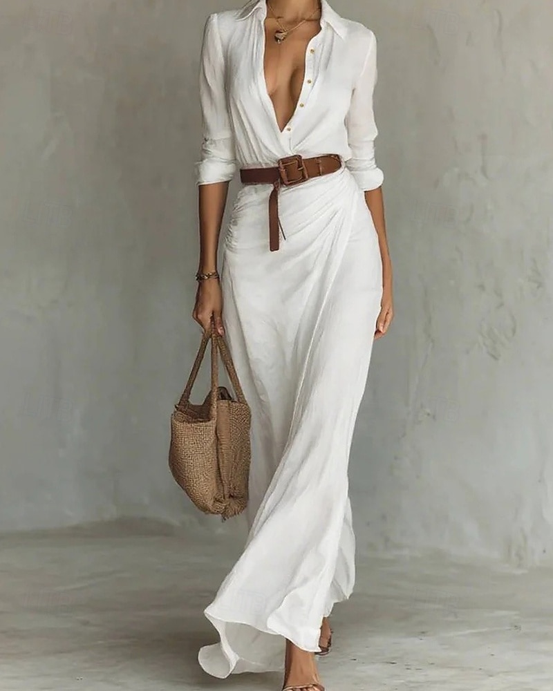 Mulheres Vestido Longo Vestido Maxi Camisetão Moderno Diário Ao ar livre Para Noite Normal Tecido Manga Longa Colarinho de Camisa Preto Branco Azul Marinha Cáqui Primavera Outono de 2026 por $43.99 –P4