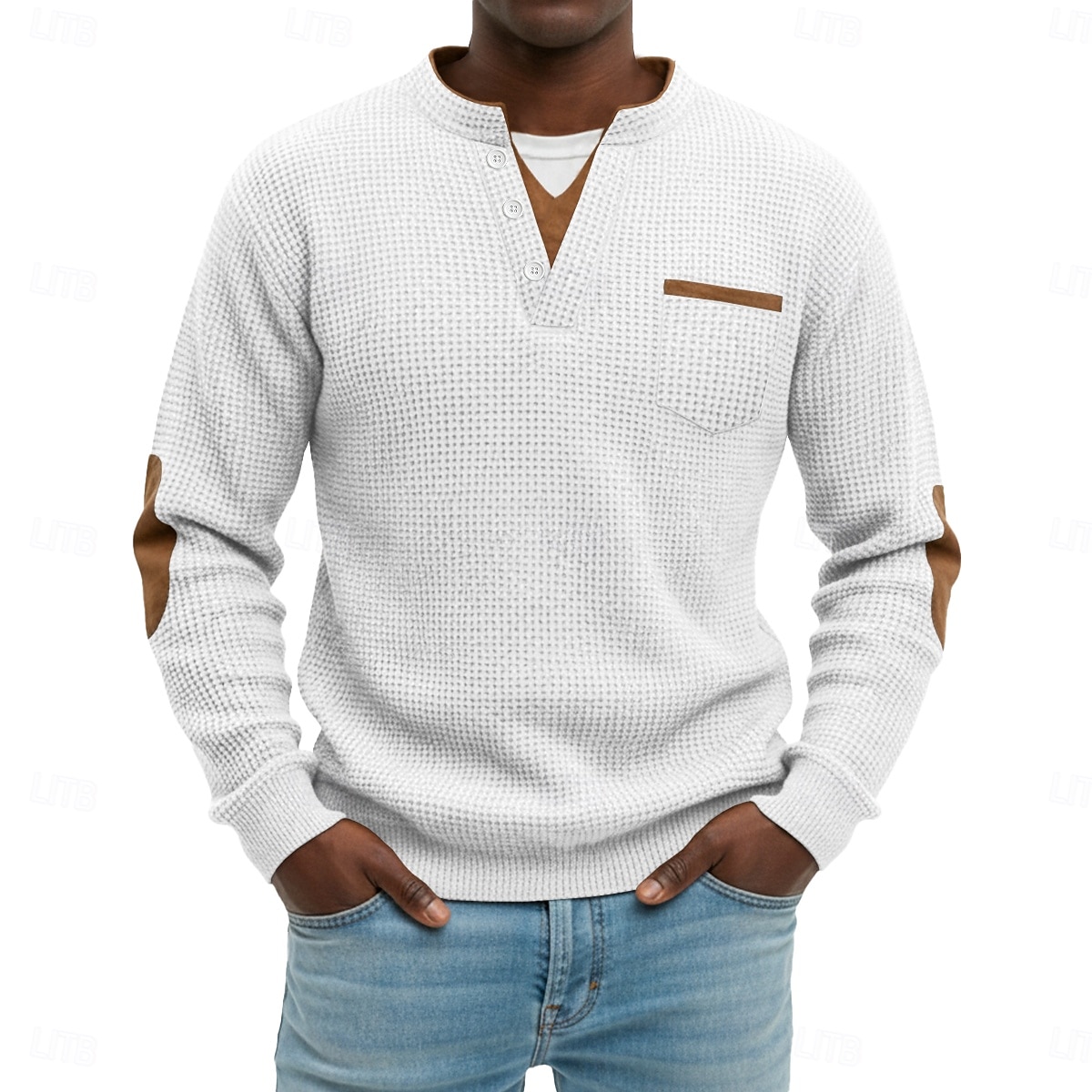 Herr Våffeltröja Waffle Henley Shirt Herrskjortor med armbågslappar Långärmad V-hals Henley Höst vinter Vår & Höst Ensfärgat Mode Grundläggande Ledigt falska två stycken Ledigt Gata Sport Grå Topp 2026 - $24.99 –P7
