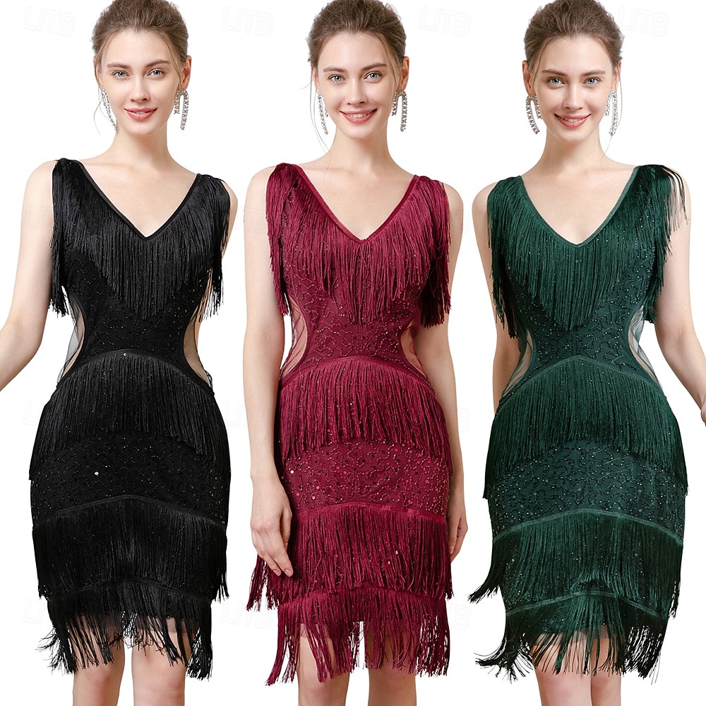Roaring 20s 1920s Knee Length Flapper Dress Sleeveless The Great Gatsby Flapper Girl Sequins Fringe V Neck Fancy Dress Women's Christmas Carnival speakeasy Masquerade Retro Theme Party Adults Dress 2026 - $47.99 –P4