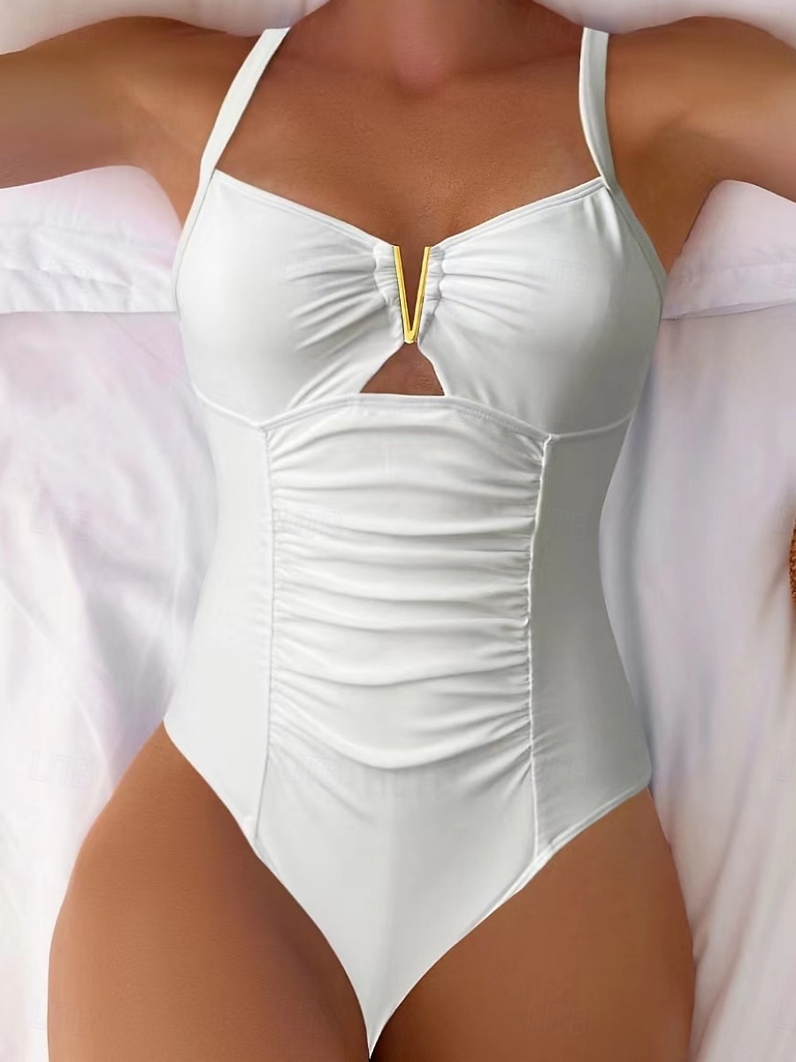 Kostium kąpielowy jednoczęściowy damski wyszczuplający marszczenia seksowne wycięcie monokini wysoki krój kontrola brzucha wysoki stan slim bez pleców elegancki na wakacje jednolity kolor dekolt w 2026 - $22.99 –P8