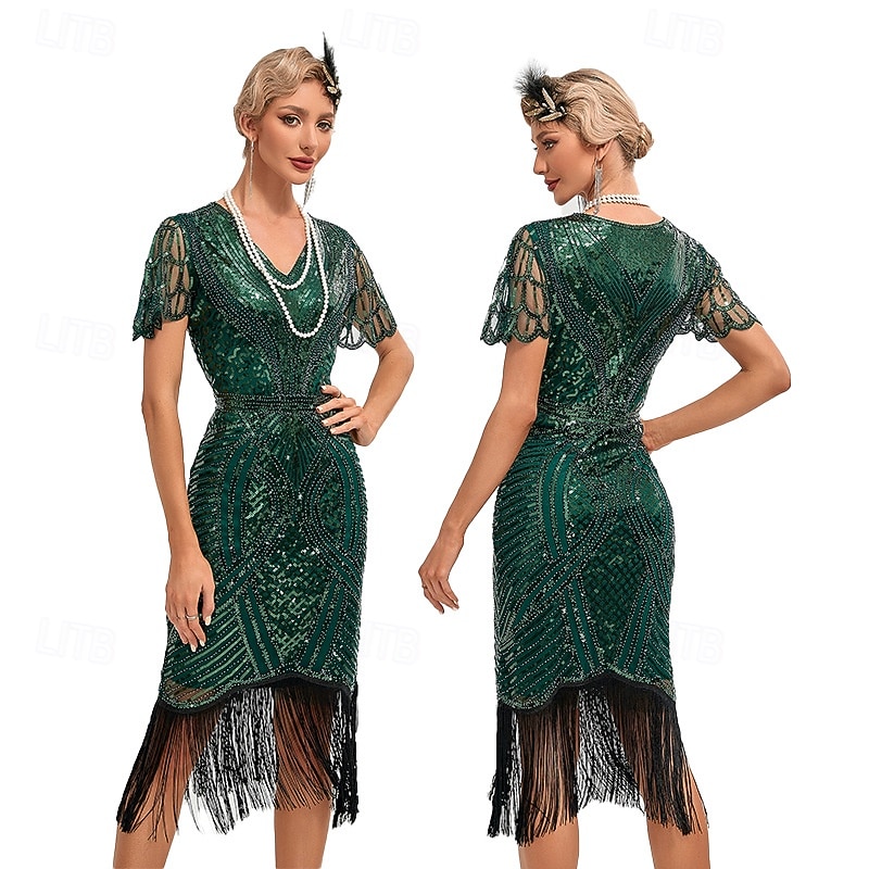 Goldene Zwanziger 1920er Knielang Flapper Kleid Kurze Ärmel Der große Gatsby Flapper-Mädchen Pailletten Fransen V Ausschnitt Kostüm Damen Weihnachten Karneval Abendgesellschaft Flüsterkneipe Maskerade 2026 - $47.99 –P1