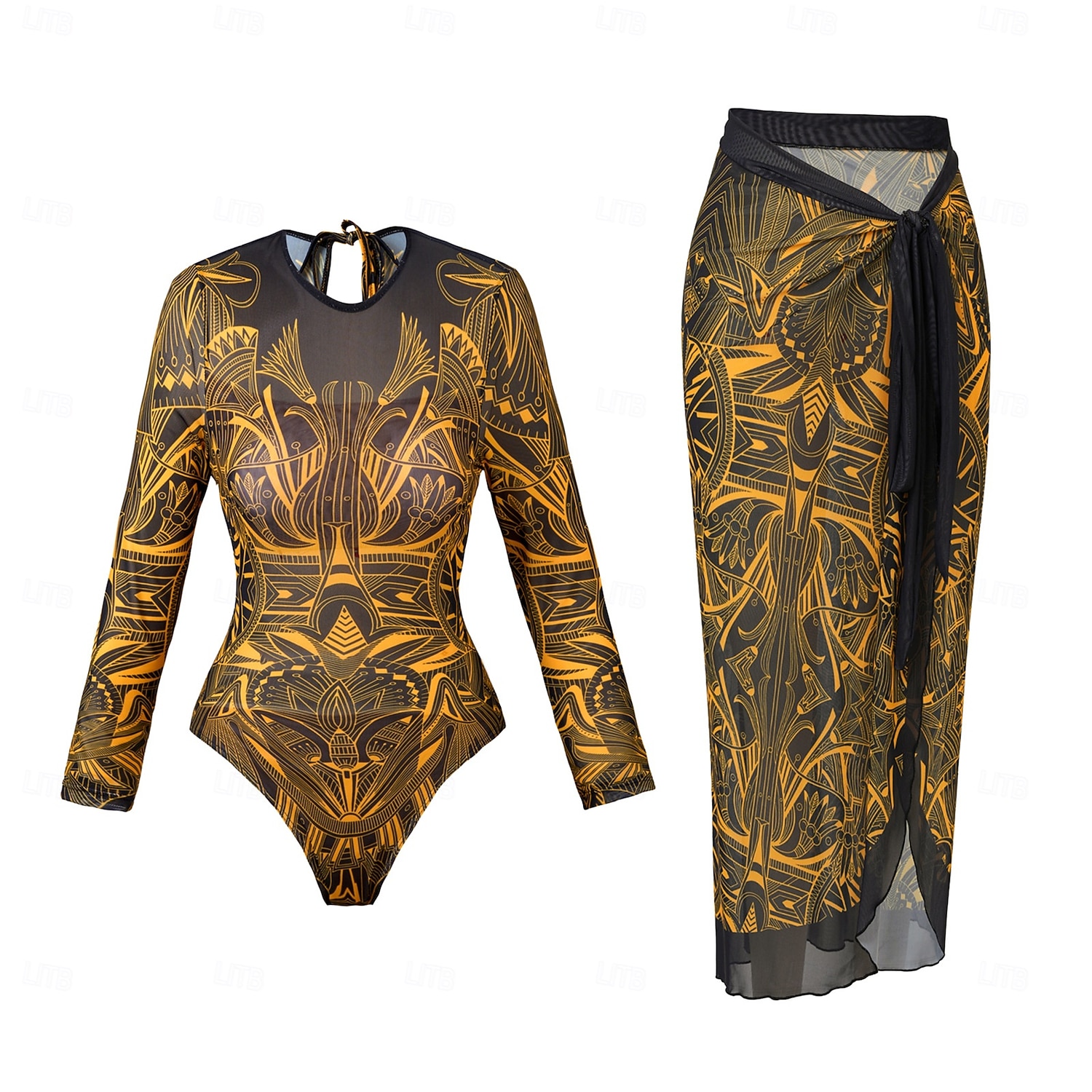 Maillot de bain femme une pièce amincissant avec jupe boho monokini jupe contrôle du ventre taille haute slim sans dos vêtements de plage de vacances graphique colorblock col rond manches longues de 2026 ? $51.99 –P4