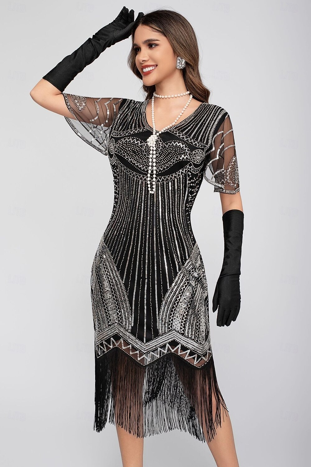 Goldene Zwanziger 1920er Knielang Flapper Kleid Kurze Ärmel Der große Gatsby Pailletten Fransen V Ausschnitt Kostüm Damen Weihnachten Karneval Flüsterkneipe Maskerade Retro-Mottoparty Erwachsene 2026 - $45.99 –P11