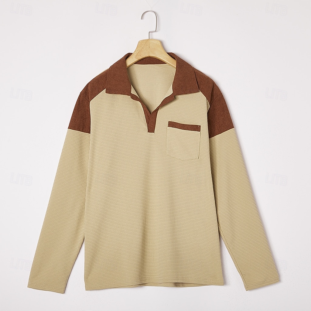 Herren Waffel-T-Shirt Langarm V Ausschnitt Revers Herbst Frühling & Herbst Einfarbig Mode Basic Lässig Farbblock Lässig Straße Sport Schwarz Marineblau Kaki Top T-Shirt für Herren 2026 - $25.99 –P7