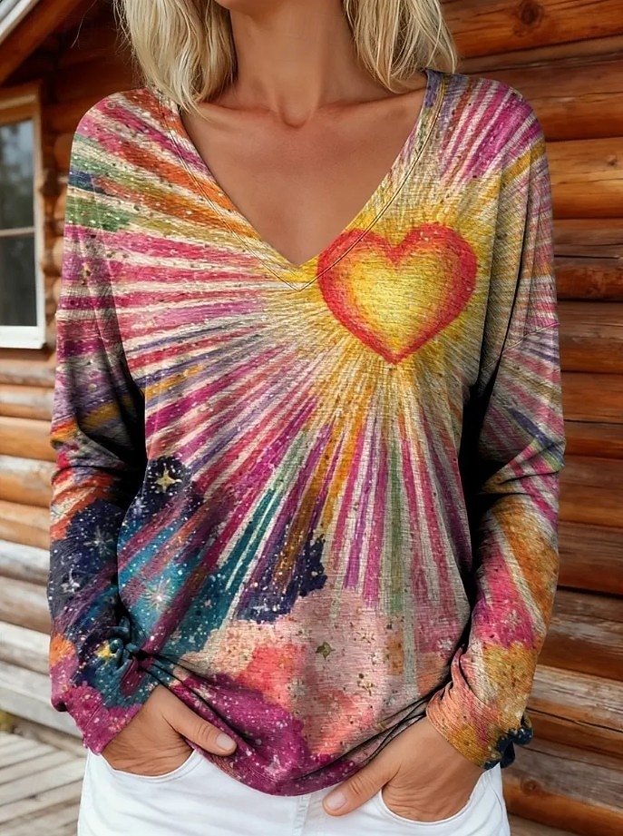 Neujahr Damen T Shirt Druck Ombre Grafik Vintage Mode Stilvoll Langarm V Ausschnitt Normale Oberteile Täglich Gelb Rosa Rote Orange Gold Sommer Frühling Herbst 2026 - $24.99 –P4